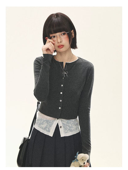 "Layered Blossom" Faux-Layer Knit Cardigan (Sakura Pink/ Heather Gray)