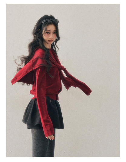 040126 "Orlane Academy" American Preppy Knit Top & Shawl Set - Angora Red