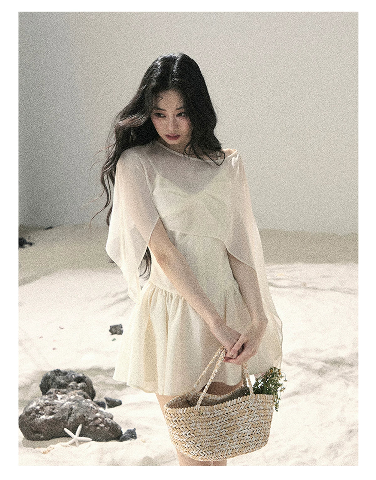 "Veiled in Mist" Cream Apricot Puff Mini Dress & Chiffon Shawl Set 5348