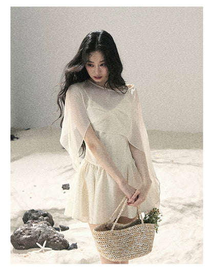 "Veiled in Mist" Cream Apricot Puff Mini Dress & Chiffon Shawl Set 5348