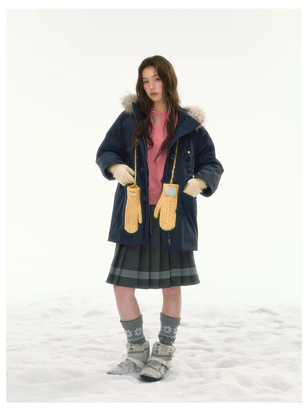 CANSTORE - "Voyage Day" Navy Blue Mid-Length Down Coat with Detachable Faux Fur Collar