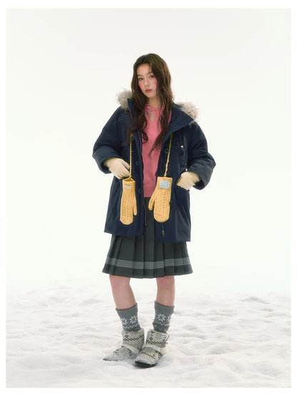 CANSTORE - "Voyage Day" Navy Blue Mid-Length Down Coat with Detachable Faux Fur Collar