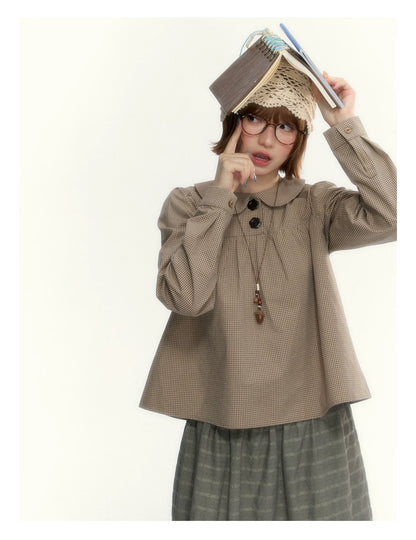 "The Vintage Darling" Light Coffee Plaid Cotton Peter Pan Collar Blouse