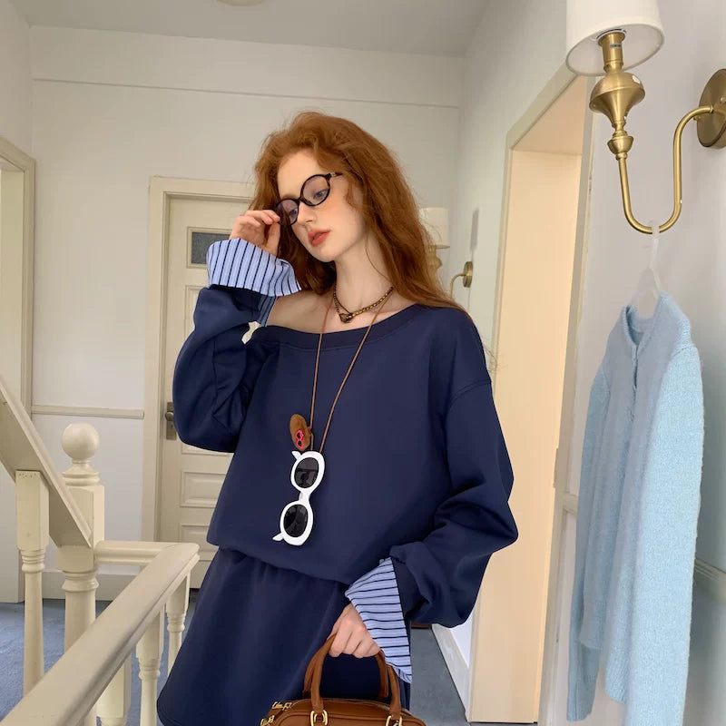Navy One-Shoulder Sweatshirt & Skirt Set
