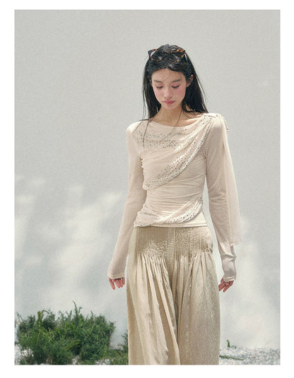 “Frosted Kiss” Milk Apricot Mesh Waist-Cinched Top