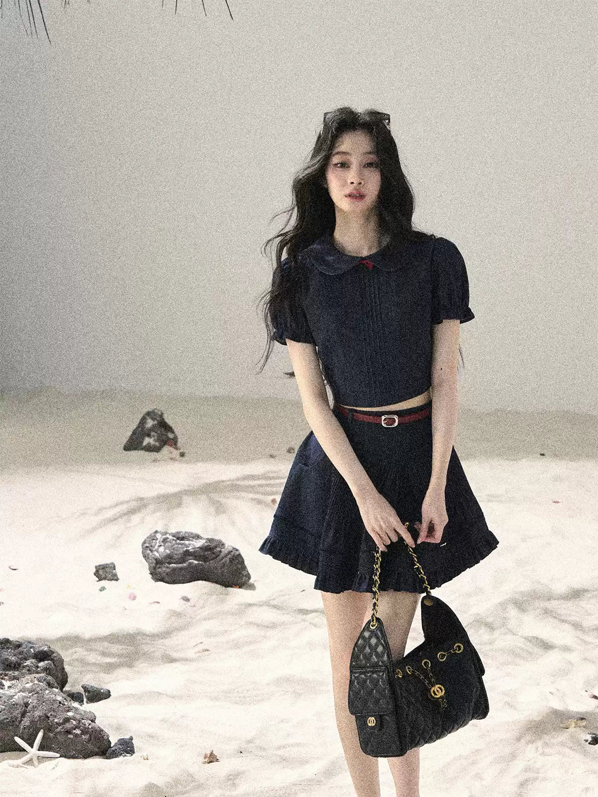 "Seaside Breeze" Navy Blue Denim Pleated Top & Mini Skirt Two-Piece Set