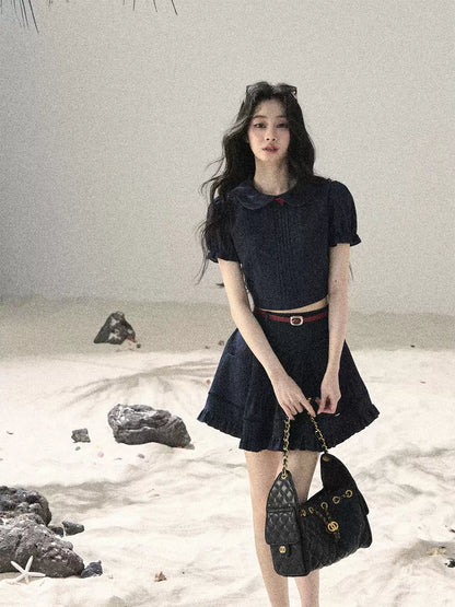"Seaside Breeze" Navy Blue Denim Pleated Top & Mini Skirt Two-Piece Set