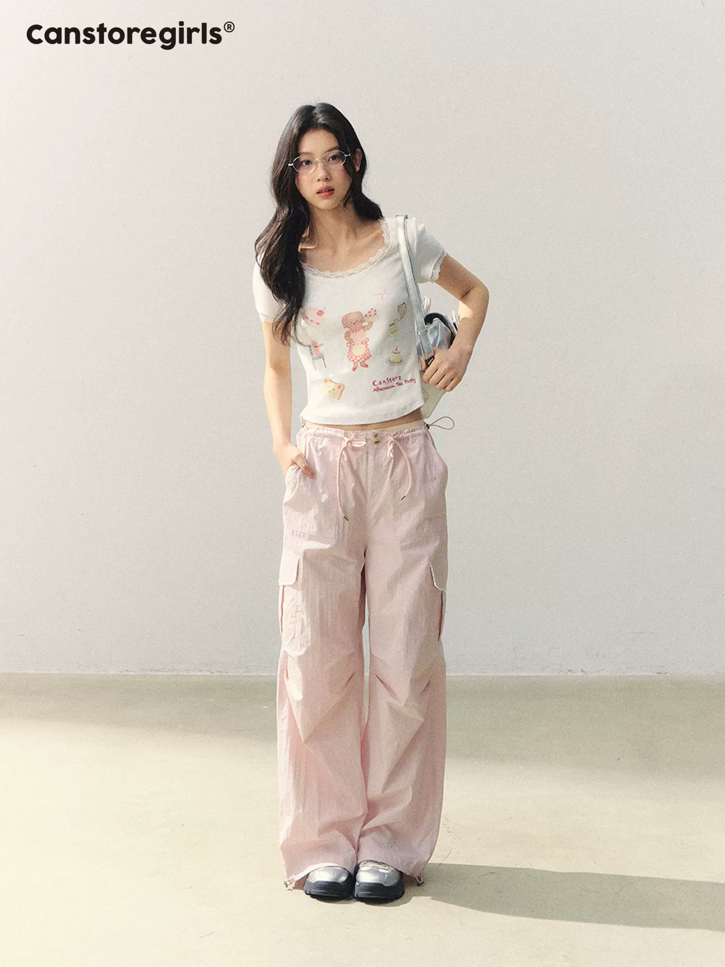 "Puppy Tea Notes" Lace Trim Knit Tee LL2026035