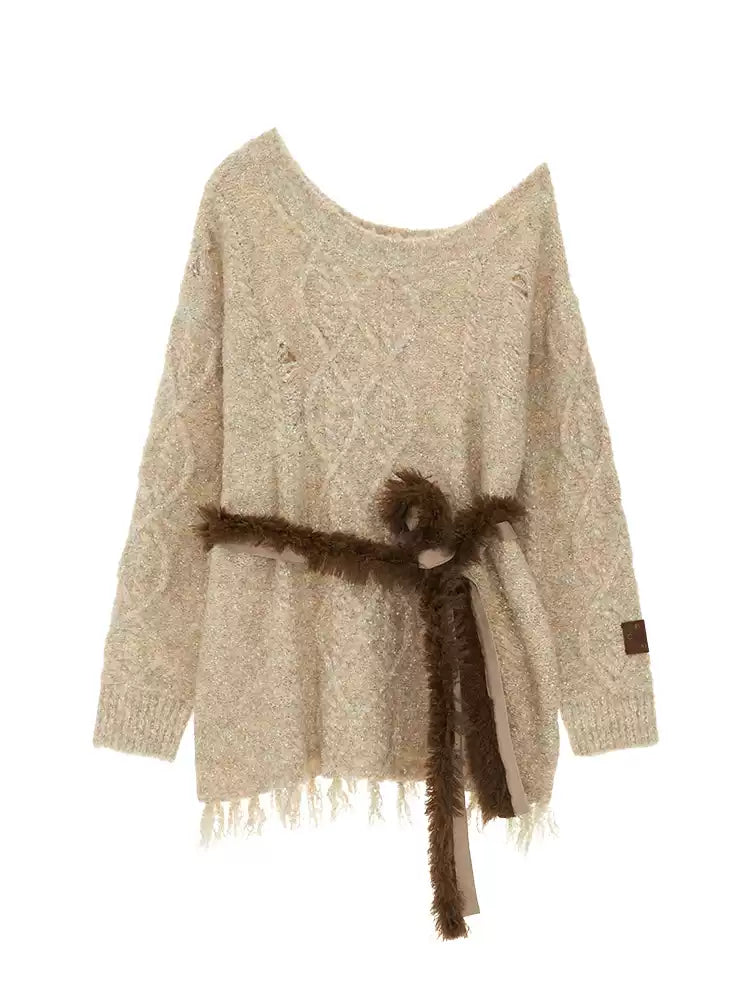 MAMC - Oatmeal Off-Shoulder Fringe Sweater (With Belt) WE430