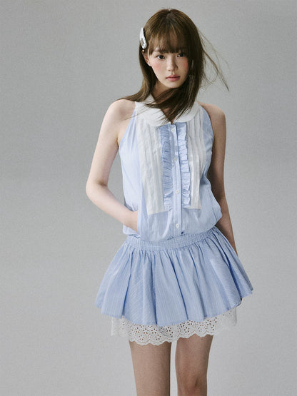 LOST FOREST  - Blue Striped Lace-Trim Halter Dress with Elastic Waist