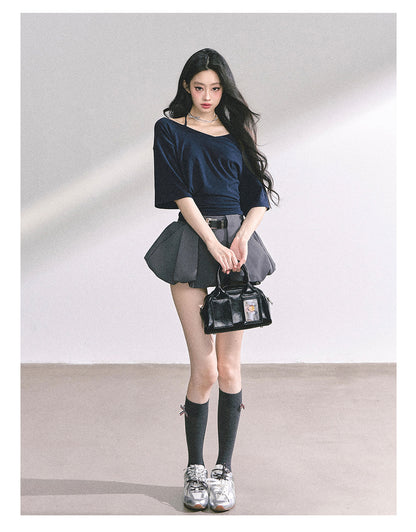 少也眼 “Smart Relax” Asymmetric Halter Short Tee - Navy