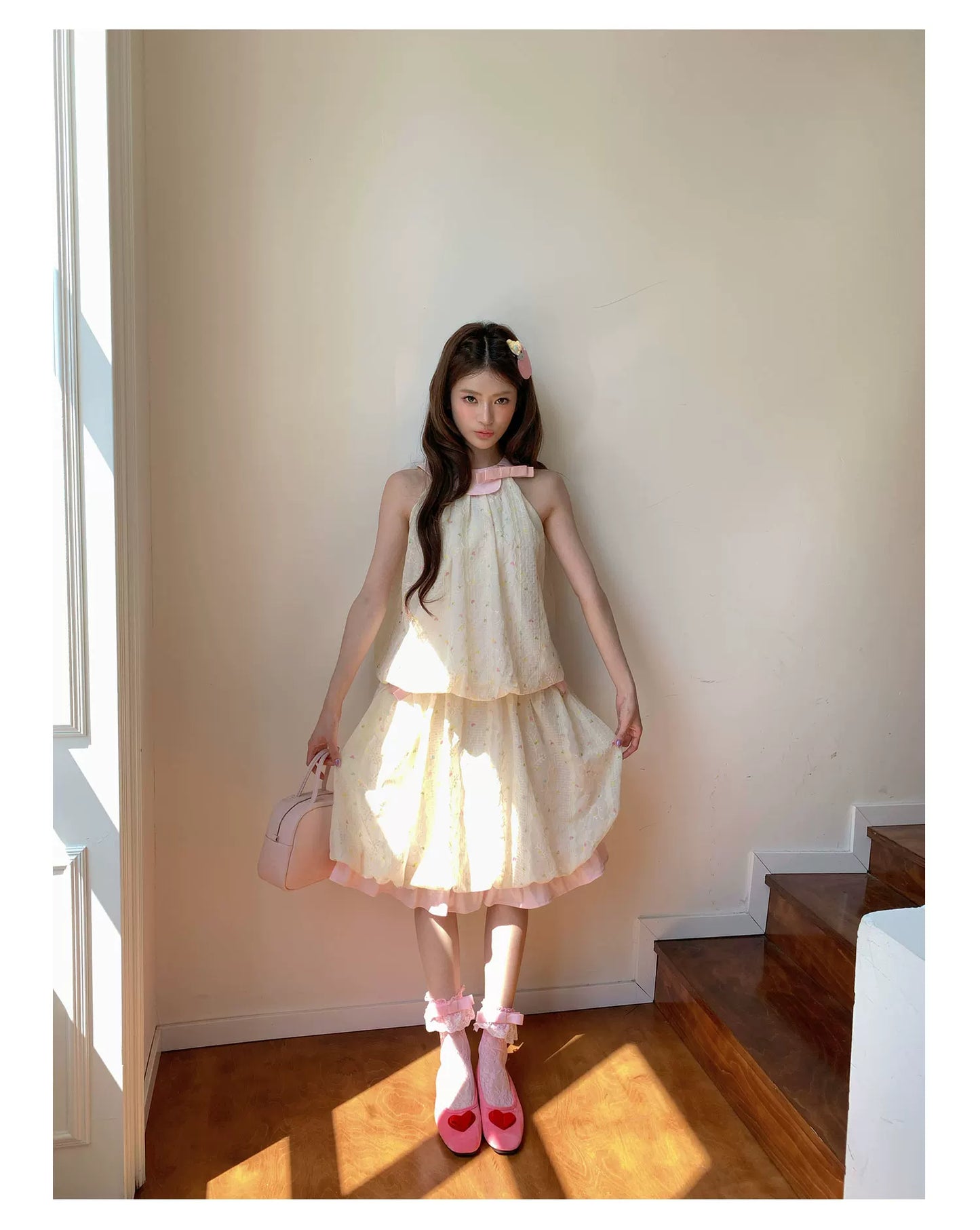 “Peach Cream Brioche” Cream Apricot Floral Bubble Skirt Set