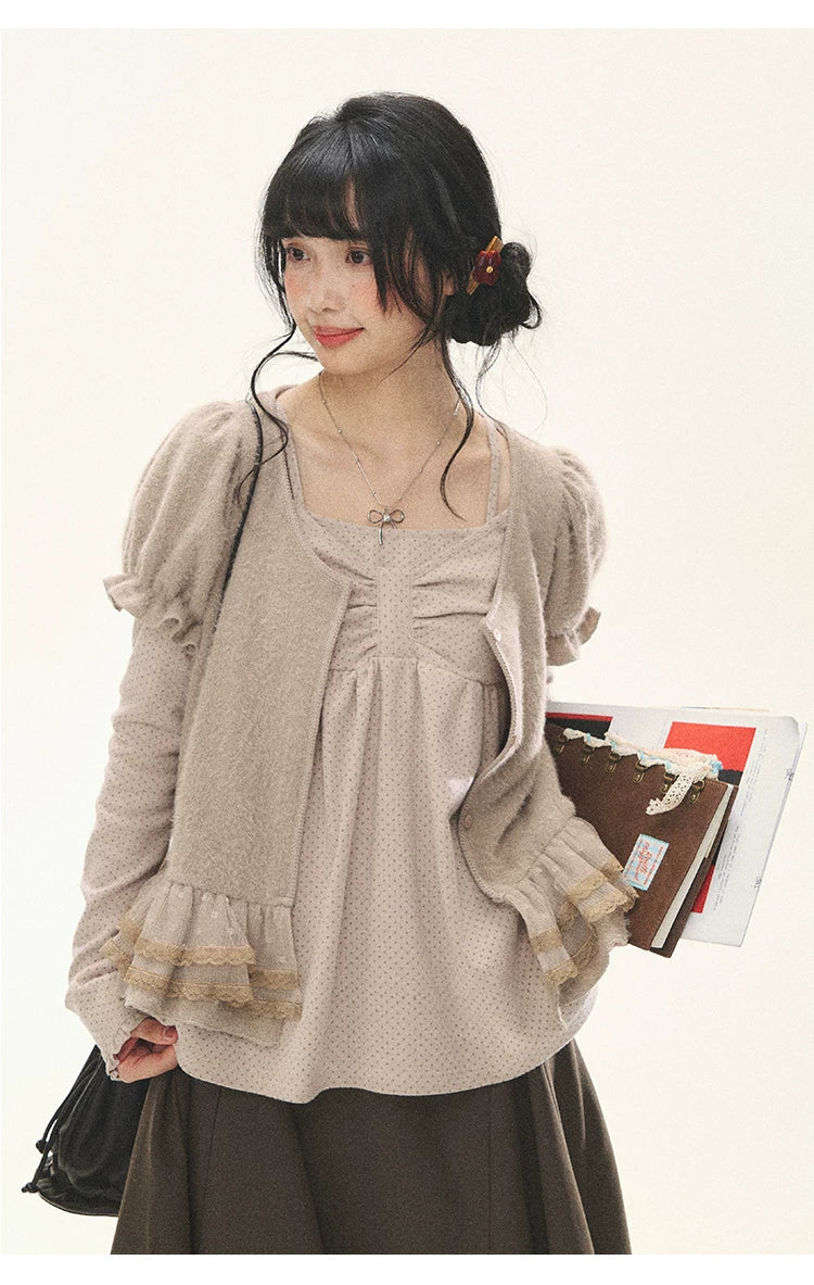 "Sweet Favorite" Polka Dot Faux-Layer Bow Knit Top (Gray Brown/ Blush Pink)