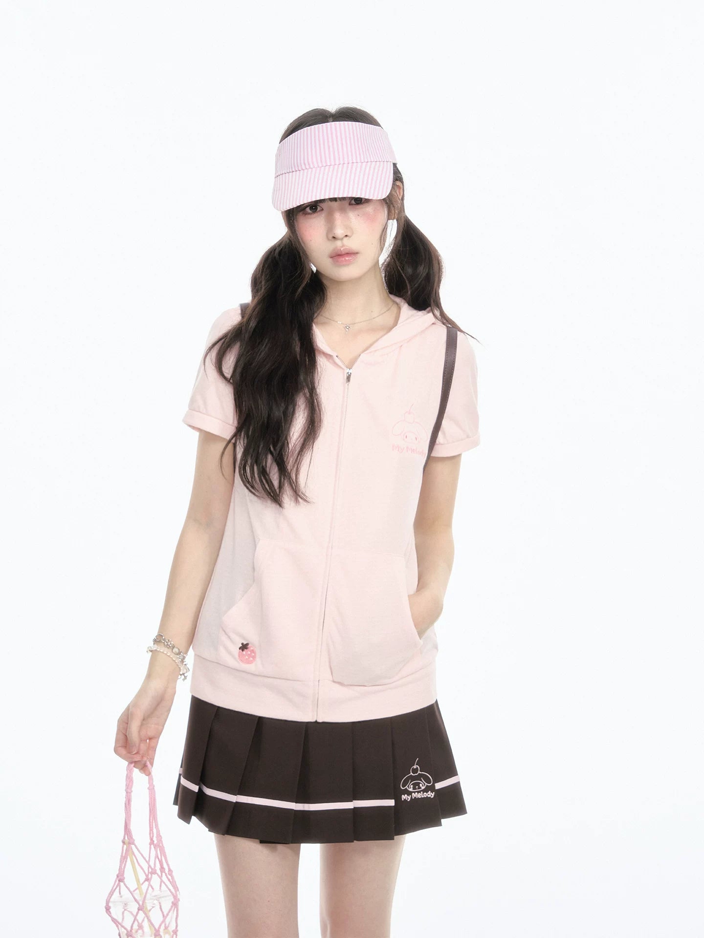 "Strawberry Daydream" Pink Hooded Zip-Up & Brown Skirt Set