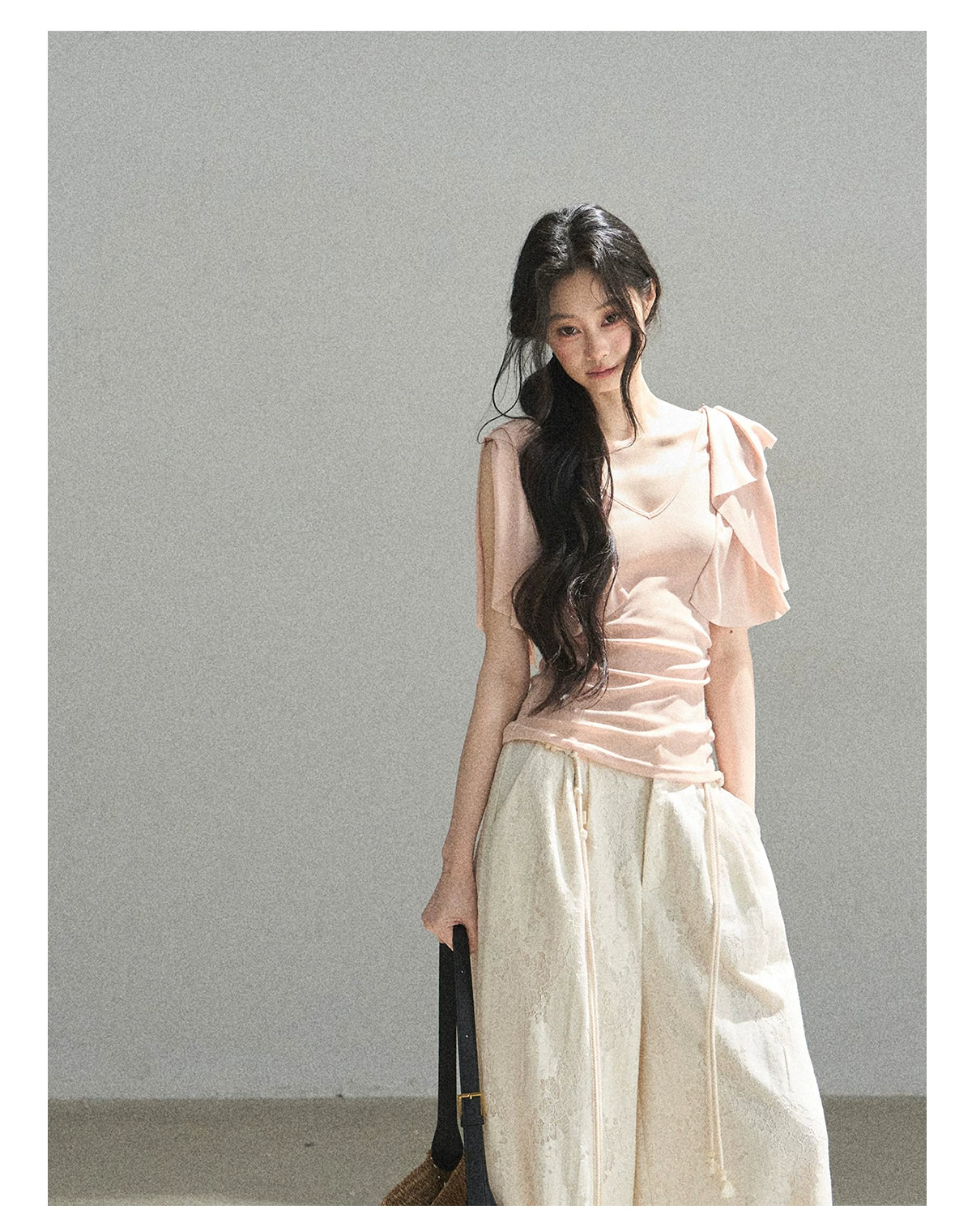 "Where Clouds Fall" Ruffle Sleeve V-Neck Crop Top (Forest Green/ Sage Gray/ Misty Blue/ Cinnamon Pink)