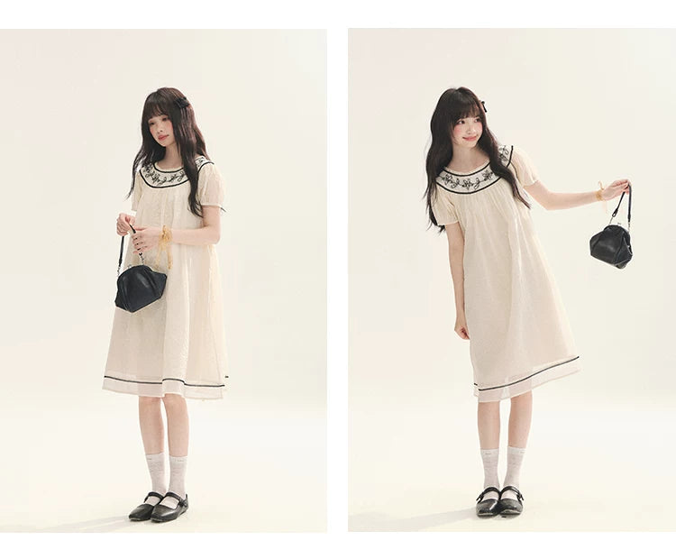 "Midnight Princess" Yellow Flower Rope Embroidered Babydoll Midi Dress