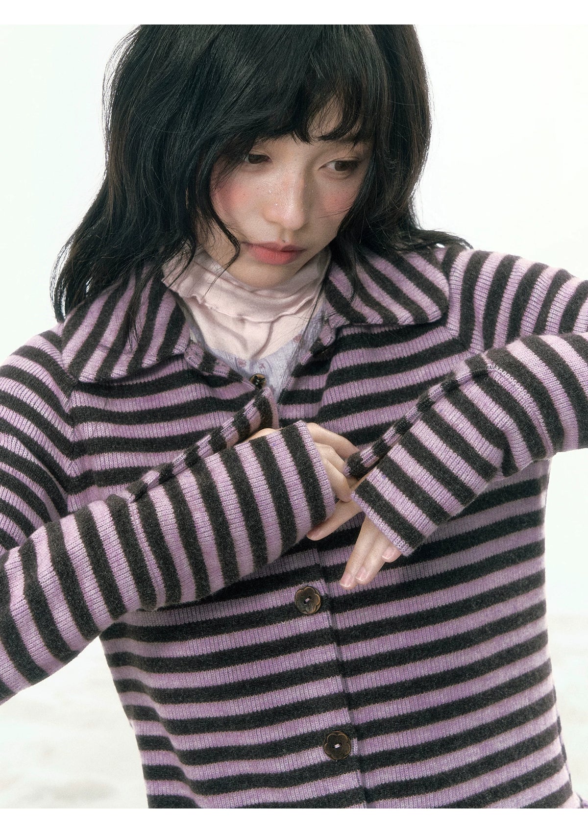 JOVYLLE - Purple Striped Knit Long-Sleeve Layering Top