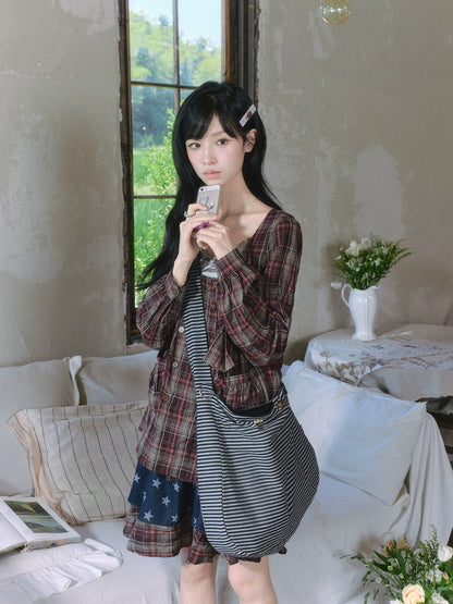 "Sage Whisper" Layered Vintage Collection (Plaid Shirt / Lace Cami / High-Waist Skirt)
