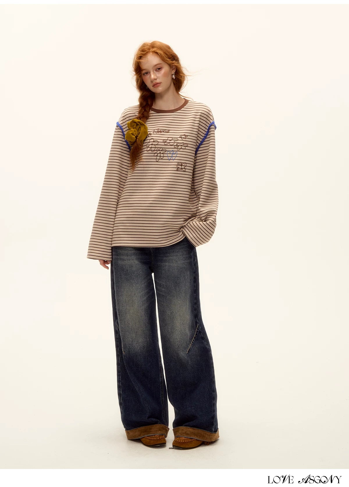 ASGONY - Striped Contrast Embroidered Shell Stitch T-Shirt