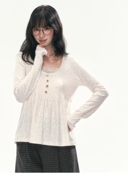 CAN - "A Meadow of Dreams" Apricot Beige Floral Lace-Trim Ruched Top