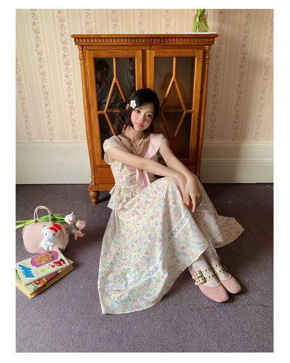 “Peach Blossom Ballad” Pink Floral Lace Maxi Dress