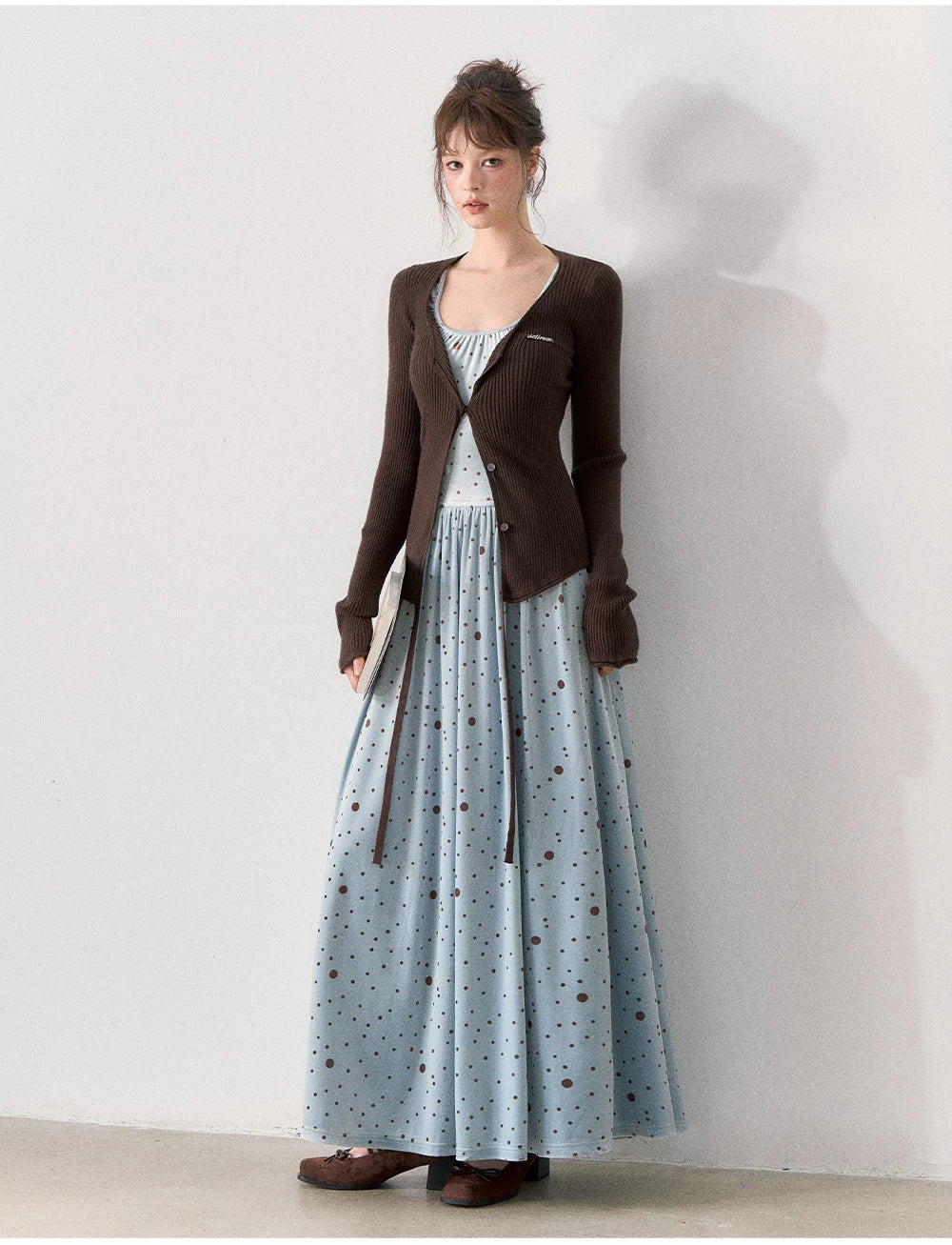 [TMMG] Vintage Polka Dot Velvet Dress & Fitted Ribbed Cardigan Set