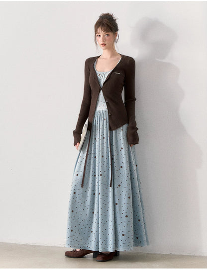 [TMMG] Vintage Polka Dot Velvet Dress & Fitted Ribbed Cardigan Set