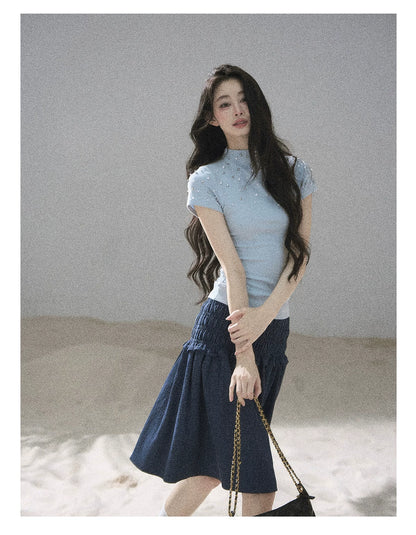 "Scattered Across the Milky Way" Pearl Beaded Knit T-Shirt (Haze Blue/ Sage Gray)