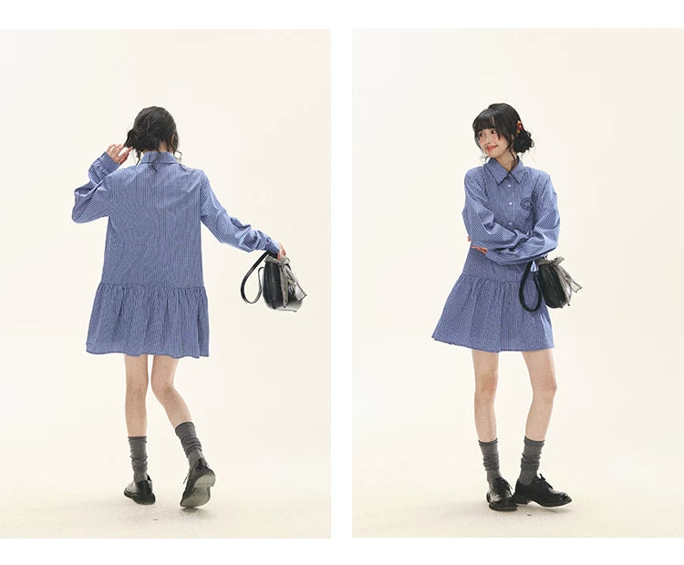 "Holiday Blues" Blue Plaid Bow Shirt Mini Dress