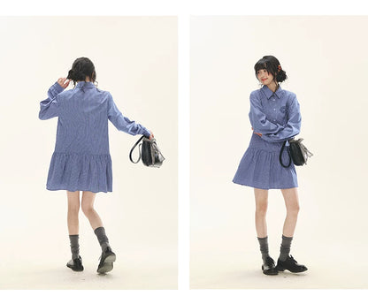 "Holiday Blues" Blue Plaid Bow Shirt Mini Dress