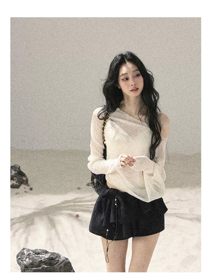 "Misty Veil Whisper" Holland Cheese Off-Shoulder Sheer Sun Protection Top 5345634