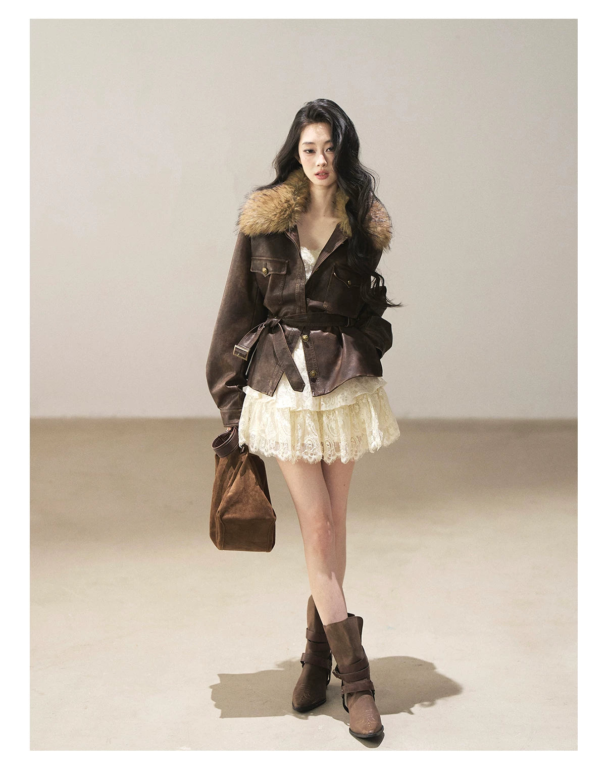 AOMALM - Chestnut Brown Vintage PU Leather Jacket with Faux-Fur Collar & Belt