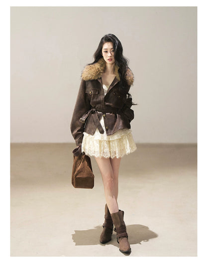 AOMALM - Chestnut Brown Vintage PU Leather Jacket with Faux-Fur Collar & Belt