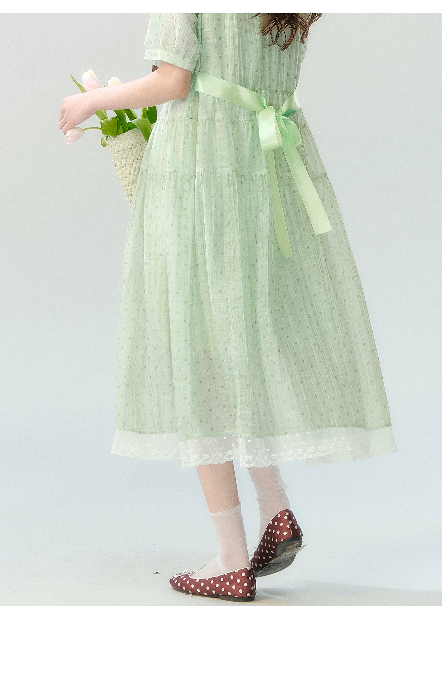 "Hyacinth Ballad" Sage Green Polka Dot Tiered Dress LL2026210