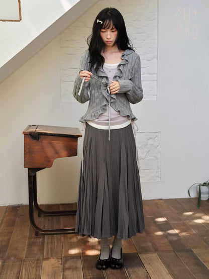 DAILY ARTIST - Dark Gray Textured Pleated A-Line Maxi Skirt