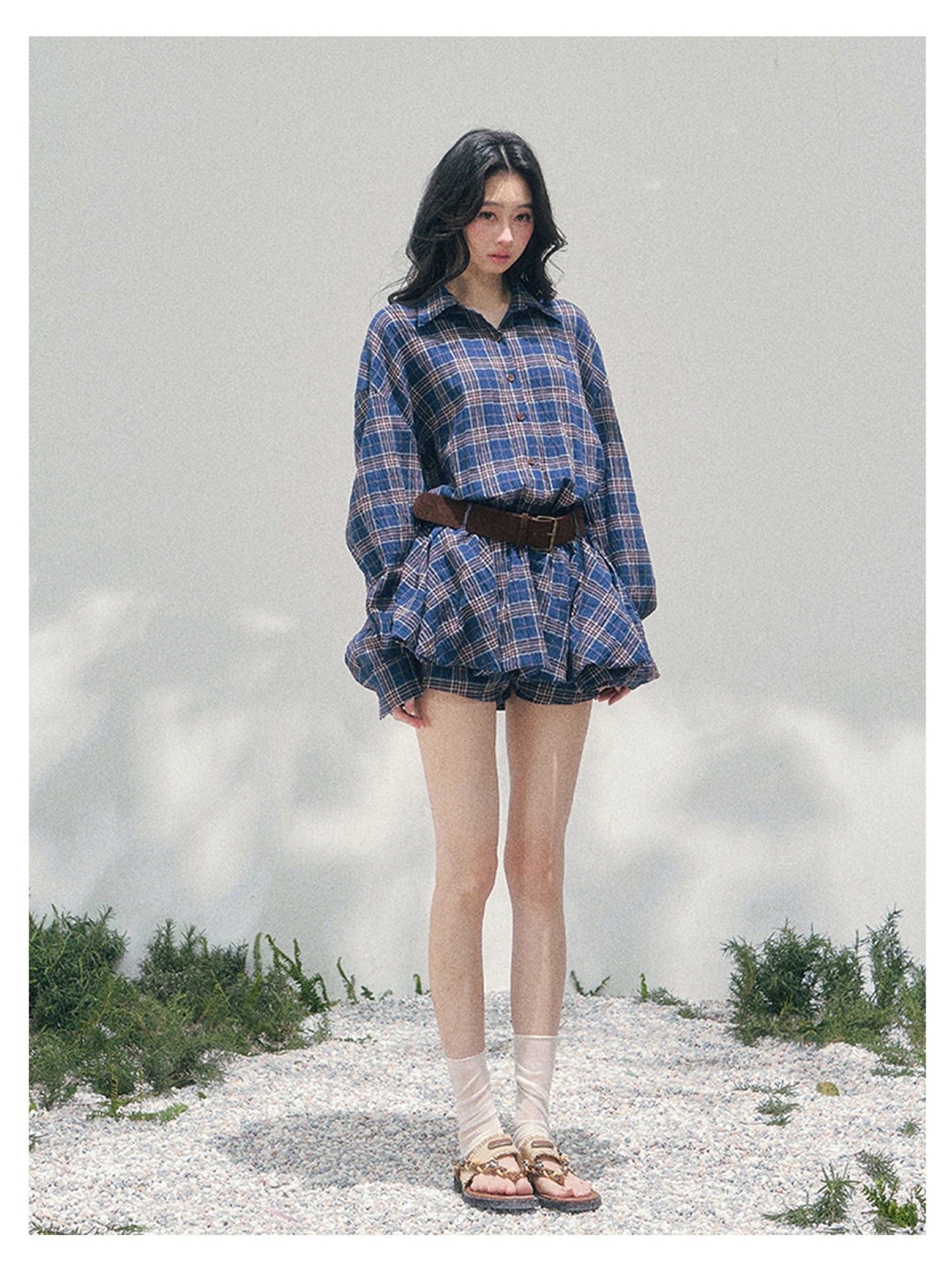 少也眼 “Rain Traces on Windowpanes” Polo-Collar Plaid Shirt Mini Dress 5286347
