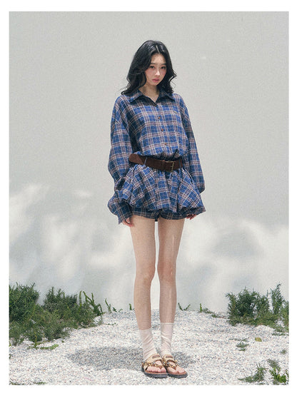 少也眼 “Rain Traces on Windowpanes” Polo-Collar Plaid Shirt Mini Dress 5286347
