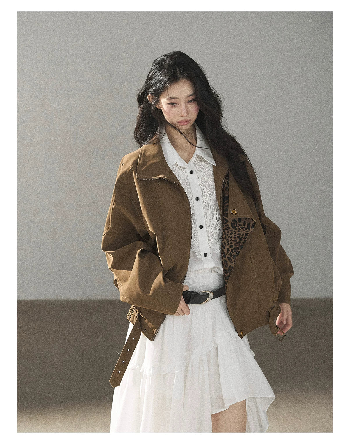 AOMALM - “Acorn & Fallen Leaves” Korean Leopard Print Chestnut Brown Faux Suede Jacket
