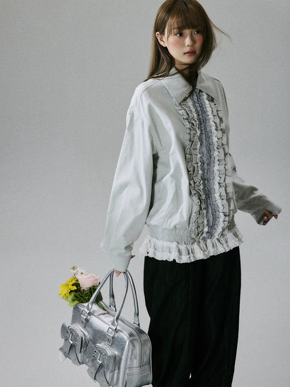 LOST FOREST - Silver Gray Ruffle-Trim Cotton Jacket