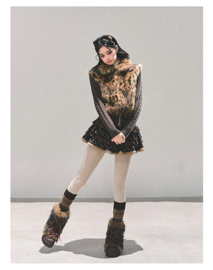少也眼 “Melard Poem” Plaid Layered Brown Mini Skirt 8455211