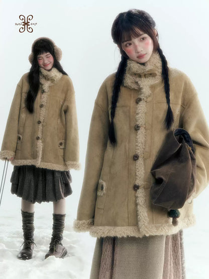 Horridale - Vintage Tan Suede-Effect Sherpa-Lined Stand Collar Jacket