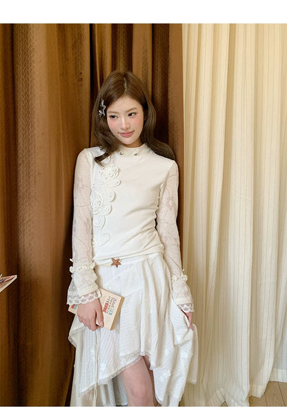 “Stardust Cascade” White Asymmetrical Ruffle Skirt