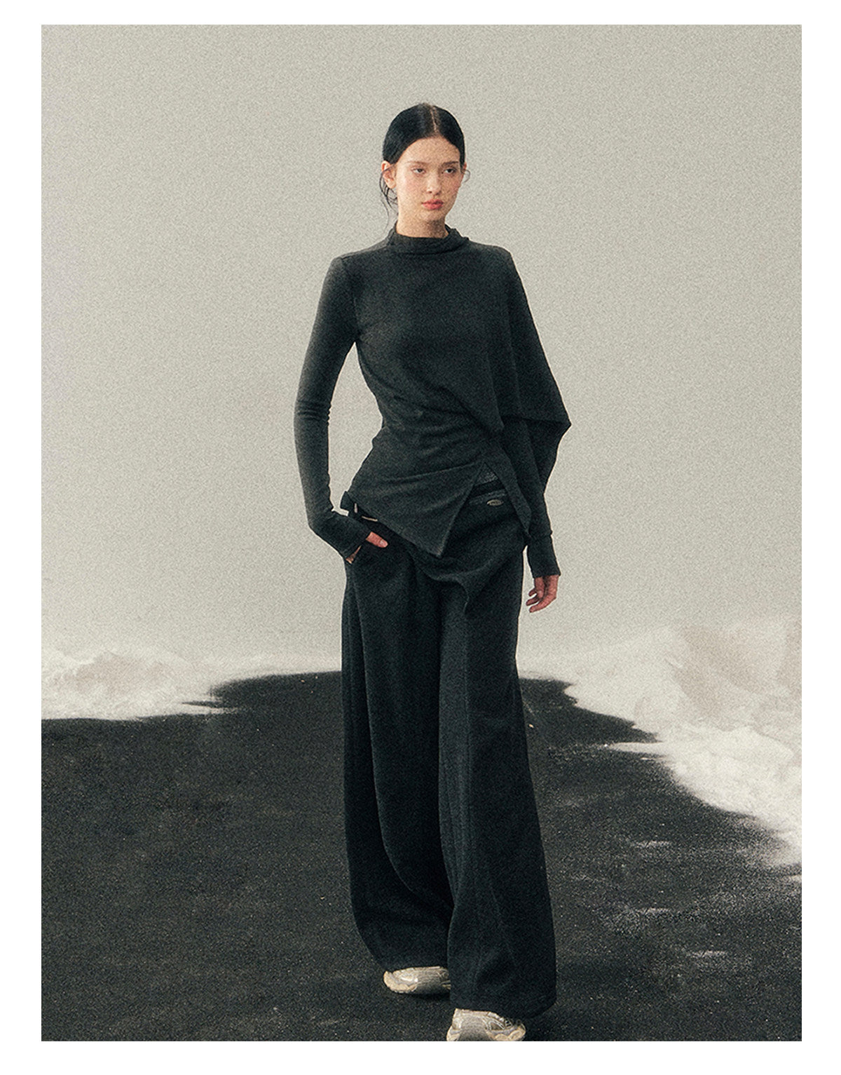 少也眼 "She Outshines the Fireworks" Charcoal Asymmetrical Wrap Top