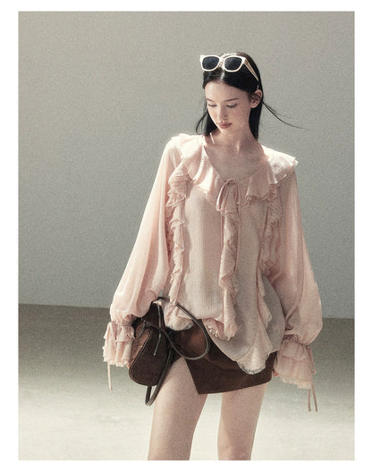 AOMALM - "A Featherlight Touch" French Camellia White Lace Chiffon Top with Belt (Camellia / Oatmeal / Cinnamon Pink)