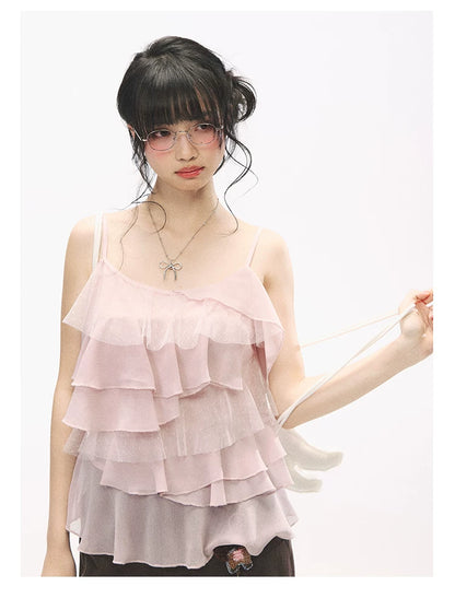 "Star Haven" Tiered Ruffle Cami Top (Cloud Blush Pink/ Moonlight Gray)