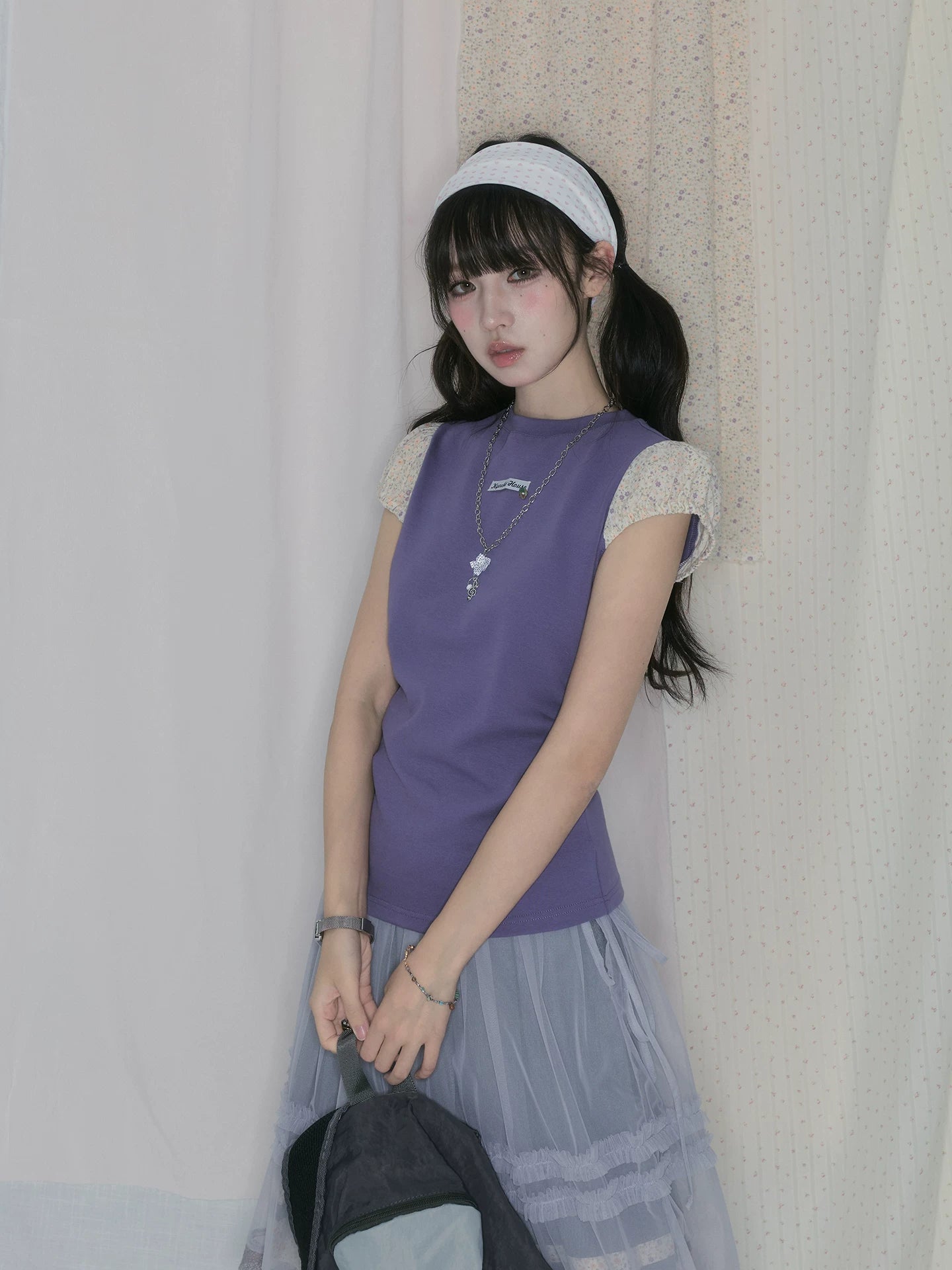 "Lavender Layers" Korean Layered Collection (Puff Sleeve Top / Pleated Midi Skirt / Mesh Overlay Skirt)