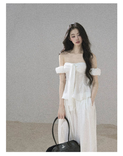 "Lazy Soliloquy" White Peplum Top & Wide-Leg Pants Set