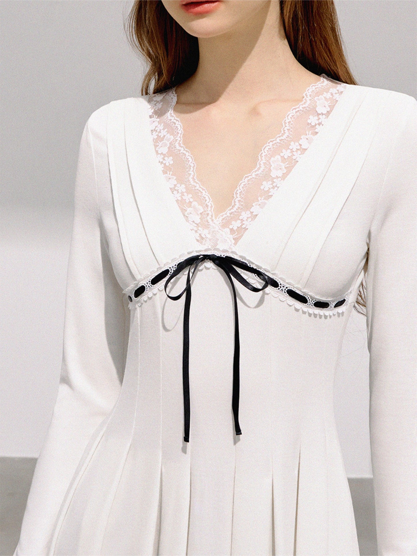 BOHOL BLING - French Romantic V-Neck Lace Trim Pleated Maxi Dress