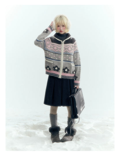 Horridale - Gray Pink Fair Isle Floral Zip-Up Knit Cardigan