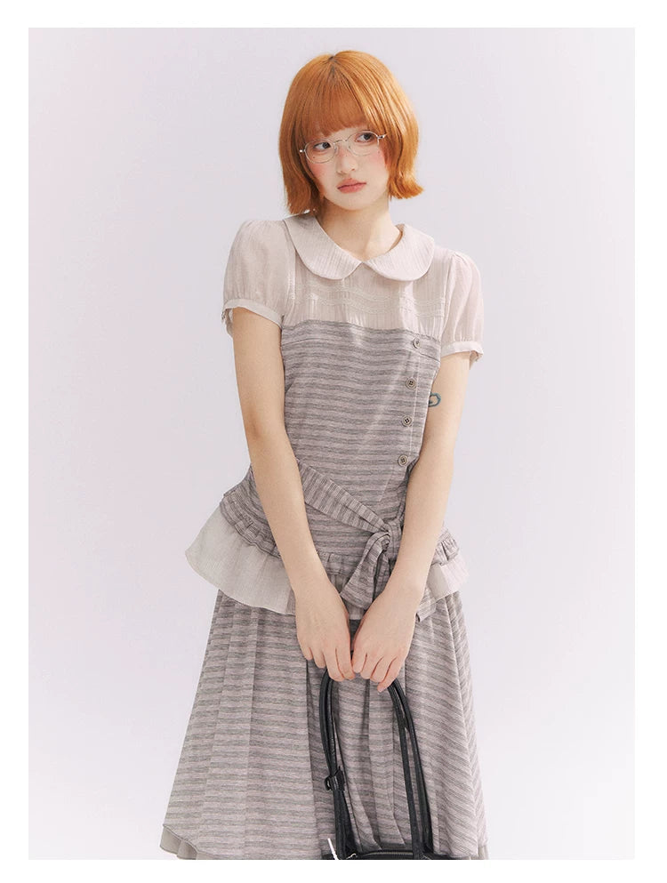 “Old Keepsake Letters” Frost Gray Doll Collar Lace Two-Piece Set